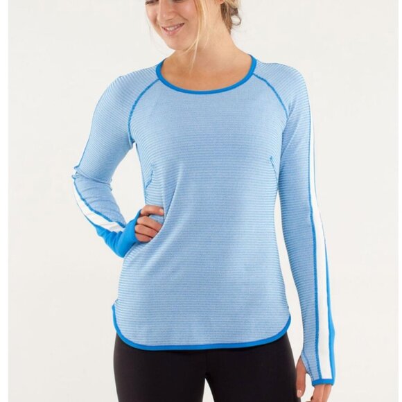Lululemon Runder Under Long Sleeve Mini Check Pique Beaming Blue Polar Cream 4 - Picture 1 of 7